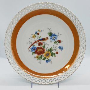 Vintage Bavaria Schumann Reticulated Edge Orange Lustre Band Colourful Bird Plat